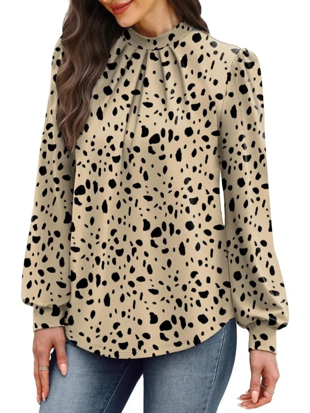 Women's Taupe Black Long Sleeve Shirt Pleated Front Blouses Dressy Mock Neck Top